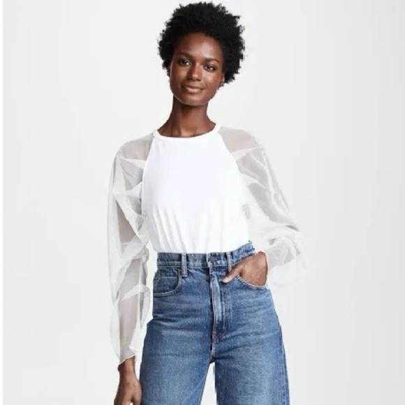 SEE BY CHLOE | Mesh Sleeve Crewneck Cotton Top in White | Sz  S - Picture 1 of 10